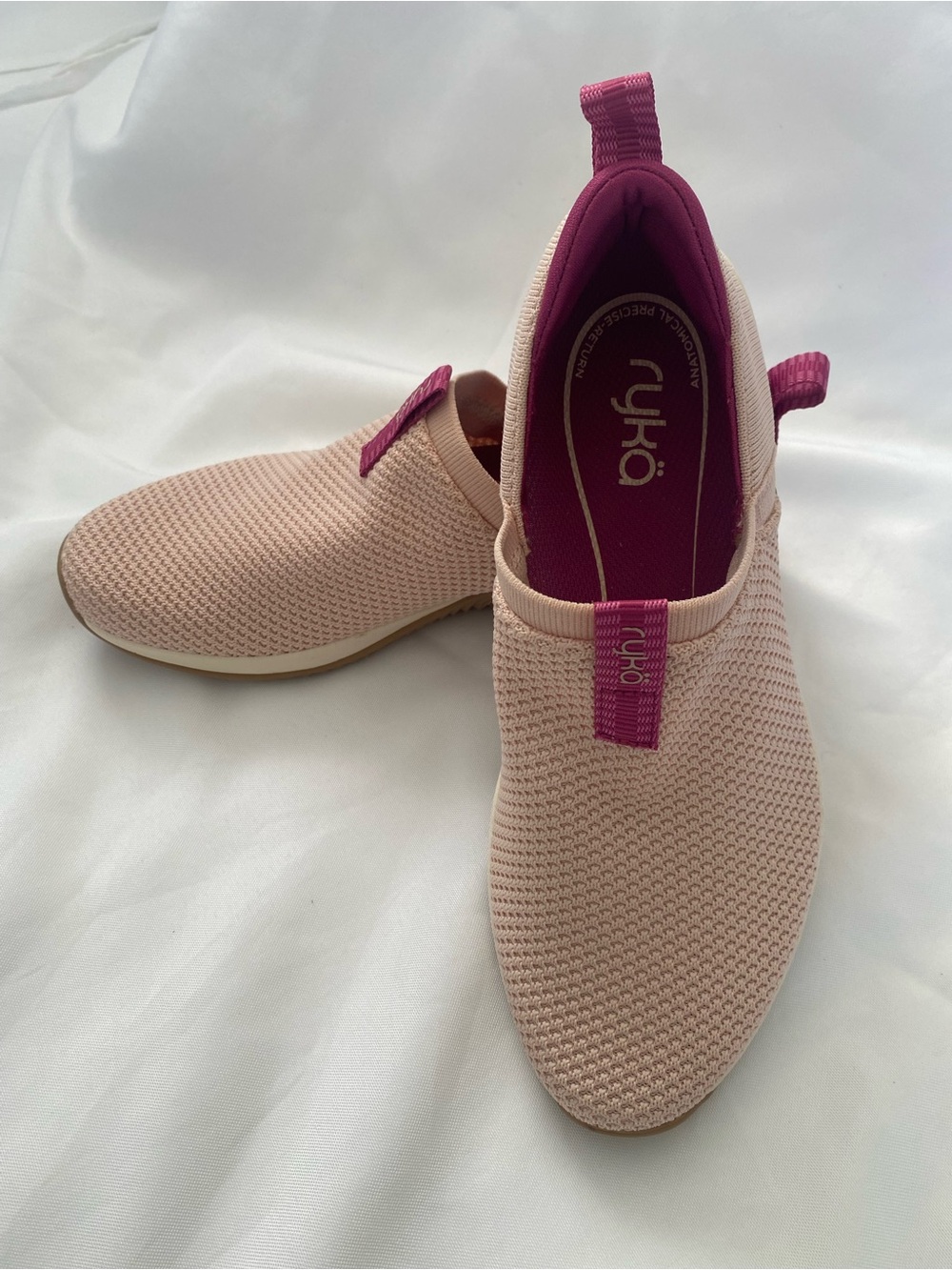 Ryka Women's Slip-On Knit Sneakers in Blush Pink with Magenta Details